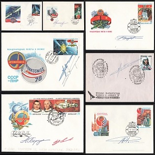 1978-83 International Flights in Space, Autographs of Cosmonauts (Miroslaw Hermaszewski, Anatoly Berezovoy), Soviet Union, Space Exploration, Group of First Day Commemorative Covers