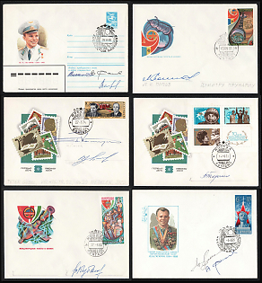 1975-77 Autographs of Cosmonauts (Dumitru Prunariu, Leonid Popov, Pyotr Klimuk, Valentina Tereshkova, Valery Kubasov, Vladimir Dzhanibekov), Cosmic Achievements, Soviet Union, Space Exploration, Group of First Day Commemorative Covers