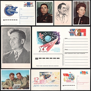 1980-90 'April 12 Cosmonautics Day!', Cosmonaut Portraits and Space Anniversaries, Soviet Union, Space Exploration, Group of Postal Stationery Picture Postcards