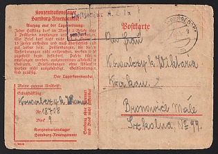 1943 (20 Jun) Third Reich, Germany, Censored Postcard of a Political Prisoner from Concentration Camp Hamburg Neuengamme to Krakow (General Gouvernement), Censorship Postmark, More Details in Description