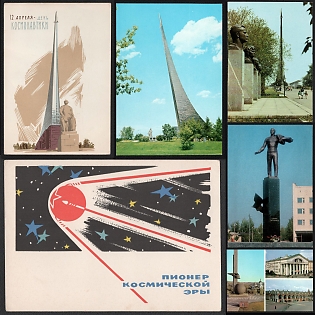 1962-66 'April 12 Cosmonautics Day!', 'Pioneer of the Space Era' Monuments, Soviet Union, Space Exploration, Group of Postal Stationery Picture Postcards