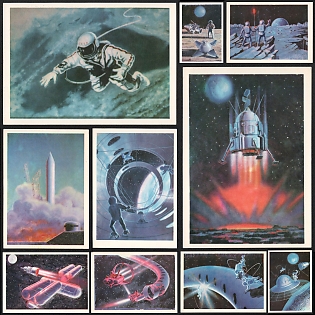 1968 'Man in Space' Sci-Fi Art Paintings by Alexei Leonov and Andrei Sokolov, Soviet Union, Space Exploration, Group of Non-Postal Picture Postcards