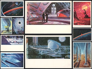 1968-73 'In the Depths of the Universe' Sci-Fi Art Paintings by Alexei Leonov and Andrei Sokolov, Soviet Union, Space Exploration, Group of Non-Postal Picture Postcards