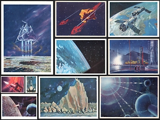 1965-73 'Space Exploration Horizons' Sci-Fi Art Paintings by Alexei Leonov and Andrei Sokolov, Soviet Union, Space Exploration, Group of Non-Postal Picture Postcards