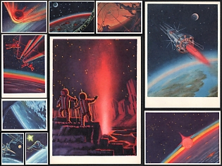 1966-73 'Cosmic Visions' Sci-Fi Art Paintings by Alexei Leonov and Andrei Sokolov, Soviet Union, Space Exploration, Group of Non-Postal Picture Postcards