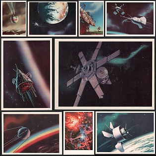 1971 'Space Stations and Orbital Flights' Sci-Fi Art Paintings by Alexei Leonov and Andrei Sokolov, Soviet Union, Space Exploration, Group of Non-Postal Picture Postcards