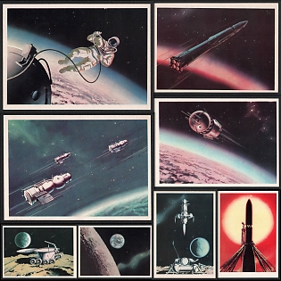 1971 'First Space Walks and Rocket Launches' Sci-Fi Art Paintings by Alexei Leonov and Andrei Sokolov, Soviet Union, Space Exploration, Group of Non-Postal Picture Postcards
