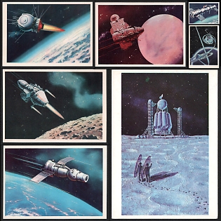 1971 'Lunar Outposts and Deep Space Exploration' Sci-Fi Art Paintings by Alexei Leonov and Andrei Sokolov, Soviet Union, Space Exploration, Group of Non-Postal Picture Postcards