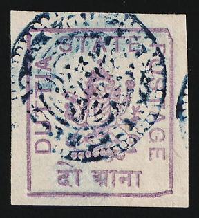 1916 2a Duttia, British India, Feudatory States, Blue Handstamp