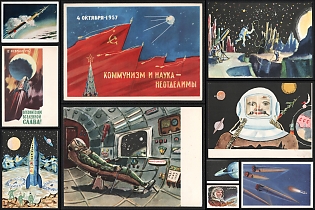 1962-66 'Glory to the Conquerors of the Universe' Cosmic Art Illustrations, Soviet Union, Space Exploration, Group of Picture Postcards