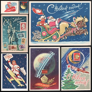 1959-64 'Happy New Year!', 'April 12 Cosmonautics Day!', Cosmic Art Illustrations, Soviet Union, Space Exploration, Group of Picture Postcards