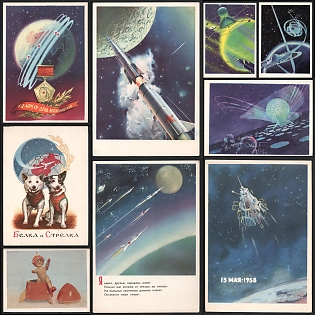 1961-63 'April 12 Cosmonautics Day!', 'Caravans of Rockets' Belka and Strelka Space Dogs, Cosmic Art Illustrations, Soviet Union, Space Exploration, Group of Picture Postcards