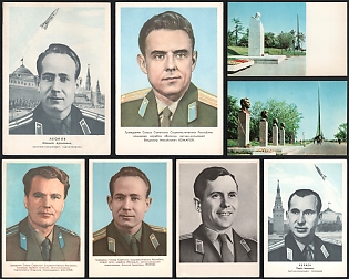 1962-69 Cosmonaut Portraits, Leonov, Komarov, Popovich, Alley of Cosmonauts and Monuments, Soviet Union, Space Exploration, Group of Picture Postcards