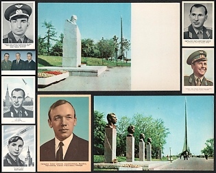 1962-69 Cosmonaut Portraits, Popovich, Eliseev, Bykovsky, Alley of Cosmonauts and Monuments, Soviet Union, Space Exploration, Group of Picture Postcards