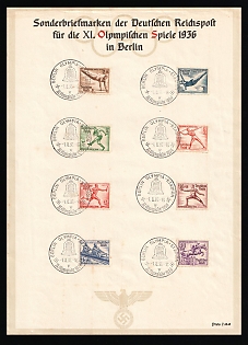 1936 (1 Aug) 'Olympic Games in Berlin', Third Reich, Germany, Souvenir Sheet, franked with Complete Set of 3pf-40pf, Commemorative Postmarks