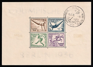 1936 (12 Aug) 'Olympic Games in Berlin. Kiel, Segeln', Third Reich, Germany, Souvenir Sheet, Commemorative Postmark