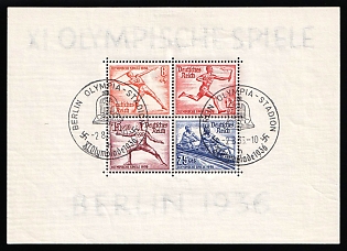 1936 (2 Aug) 'Olympic Games in Berlin. Olympic Stadium', Third Reich, Germany, Souvenir Sheet, Commemorative Postmarks