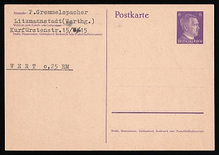 1943-44 Third Reich, Germany, 6pf Postal Stationery Postcard to Litzmannstadt (Lodz Ghetto, Poland)