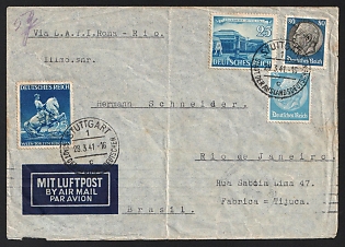 1941 (28 Mar) Third Reich, Germany, Air Mail Cover from Stuttgart to Rio de Janeiro via L.A.T.I. (Linee Aeree Transcontinentali Italiane, the Italian transatlantic airline), German Censor Sealing Tape, Censorship Postmark, Brazilian Arrival Postmark