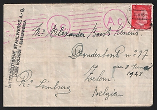 1943 (11 Jun) Third Reich, Germany, Censored Cover from Lager Holzhof Elsterwerda Labor Camp of Central German Steelworks to Limburg (Belgium), Red A C Censorship Postmark