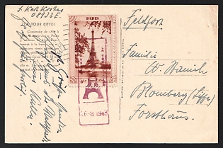 1943 (23 Aug) German Occupation of France, Germany, Picture Field Post Postcard of Germann Soldier in Paris to Germany with French Eiffel Tower Vignette with a Purple Special-Edition Postmark from the Tower's Post Office