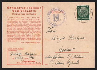 1941 (17 Jul) Third Reich, Germany, Censored Prisoner Postcard from Sachsenhausen Concentration Camp to Godow (Upper Silesia), Censorship Postmark, More Details in Description