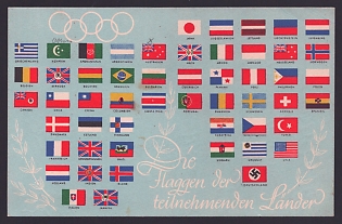 1936 'The Flags of the Participating Countries', Maps, Third Reich Nazi Propaganda Postcard