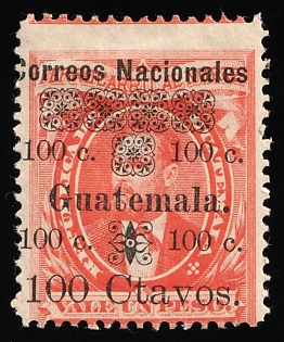 1886 100c on 1p Guatemala, SHIFTED Perforation