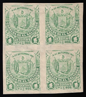 1896 1c Republic of El Salvador, Imperforate, Block of Four