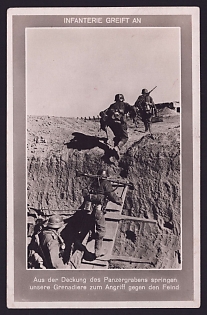 1933-1945 'Infantry Attacks: Our Grenadiers Leap from the Cover of the Anti-Tank Ditch to Attack the Enemy', Infantry Wehrmacht, Army Military, Third Reich Nazi Propaganda Postcard