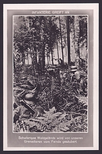 1933-1945 'Infantry Attacks: Our Grenadiers Clear the Enemy from Difficult Forest Terrain', Infantry Wehrmacht, Army Military, Third Reich Nazi Propaganda Postcard