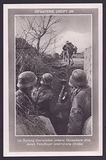 1933-1945 'Infantry Attacks: Our Grenadiers Dash Across a Road Swept by Enemy Fire', Infantry Wehrmacht, Army Military, Third Reich Nazi Propaganda Postcard
