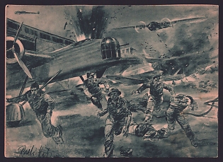 1933-1945 'Surprise Attack by German Combat Aircraft on a British Airfield', Aircraft Air Force Luftwaffe, Army Military, Third Reich Nazi Propaganda Postcard