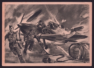 1933-1945 'German Combat Aircraft Surprise an English Fighter Squadron While Refueling', Aircraft Air Force Luftwaffe, Army Military, Third Reich Nazi Propaganda Postcard