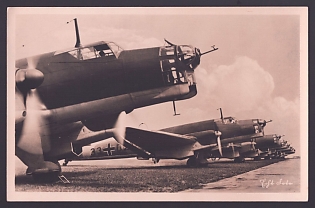 1933-1945 'Our Luftwaffe: Squadron of Twin-Engine Junkers Ju 86 K Bombers before Takeoff', Aircraft Air Force Luftwaffe, Army Military, Third Reich Nazi Propaganda Postcard