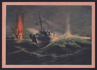 1933-1945 'E-boat Attack on a Convoy Off the English Coast; Destruction of an Escort Destroyer at Dusk', Navy Ships Deutsche Marine, Army Military, Third Reich Nazi Propaganda Postcard