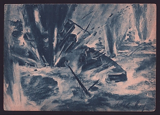 1933-1945 'German Aircraft Over Scapa Flow. Bombs Rain Down on British Cruisers and Battleships', Navy Ships Deutsche Marine, Army Military, Third Reich Nazi Propaganda Postcard