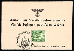 1939 (7 Nov) Germany, 'Inauguration of the Governor-General of the Occupied Polish Territories in Krakow', Souvenir Sheet, Commemorative Postmark