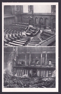 1933-1945 'Fire at the Reichstag Building: Plenary Chamber Before and After the Fire', Architecture, Third Reich Nazi Propaganda Postcard