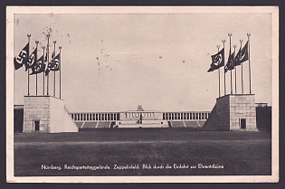 1937 'Nuremberg: Reich Party Rally Grounds – Zeppelin Field; View through the Entrance to the Honor Tribune', Architecture, Third Reich Nazi Propaganda Postcard