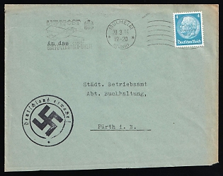 1933 (20 Mar) Third Reich, Germany, Airmail Cover from Mulheim an der Ruhr to Furth, franked with 4pf, round handstamp with swastika and text in circle 'Germany awake!', roller cancellation, airmail handstamp 'Transportation: letters, newspapers, parcels'