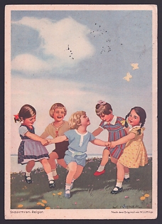 1936 'Indanthren Round Dance', Caricature, Third Reich Nazi Propaganda Postcard