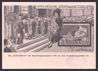 1936 'The "Patroness" of the Spain Specialists Arrives at the Exhibition Palace', Caricature, Third Reich Nazi Propaganda Postcard