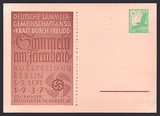 1937 'German Collectors' Association, Nsg "Strength Through Joy" (kdf) – "Collecting in Leisure Time" Exhibition, Berlin, Sept. 3–5, 1937', Third Reich Nazi Propaganda Postcard