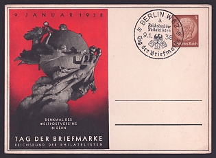 1938 'January 9, 1938: Universal Postal Union Monument in Bern – Stamp Day – Reich Association of Philatelists', Third Reich Nazi Propaganda Postcard