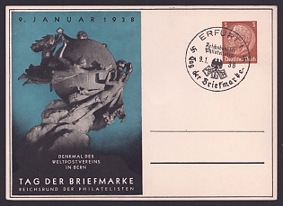 1938 'January 9, 1938: Universal Postal Union Monument in Bern – Stamp Day – Reich Association of Philatelists', Third Reich Nazi Propaganda Postcard