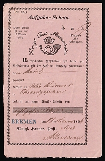 1856 (18 Feb) Bremen, German States, Germany, Acknowledgement of Receipt frorm issued by the Royal Postal Administration of Hanover from Bremen to Thedinghausen, with registration number '65'