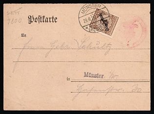 1925 (29 Apr) Weimar Republic, Germany, Postcard with printed court frorm locally addressed in Munster, franked with an official stamp of 3pf, with a round red official handstamp, violet handstamp marking 'Senior Court Clerk', red crayon postal marking