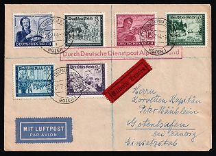 1944 (27 Jul) Third Reich, Germany, Durch Eilboten Express Delivery Airmail Cover from Post Office Bolzano (Italy) to Gotenhafen (now Gdynia, Poland) via German Official Postal Service Alpine Foreland, franked with Full Set of 6pf - 24pf, with special pink rectangular handstamp 'Durch Deutsche Dienstpost Alpenland', red label express delivery