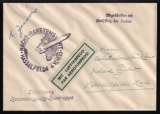 1933 (4 Nov) 'Night rocket launch Hasselfelde', Germany, Gerhard Zucker Pioneer Rocket Mail, Airmail Torpedo Cover to Hasselfelde-Harz, violet inscriptions 'Destination: Hexentanzplatz-Rosstrappe', 'Launched during a night flight of the missile', Commemorative Postmark, Signature